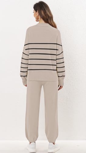 ETCYY NEW Women's 2 Piece Outfit Lounge Set Trendy Cardigan Sweater Pants Sets V Neck Button Pocket Knit Matching Loungewear (Striped Beige, M)