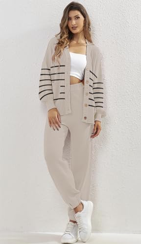 ETCYY NEW Women's 2 Piece Outfit Lounge Set Trendy Cardigan Sweater Pants Sets V Neck Button Pocket Knit Matching Loungewear (Striped Beige, M)