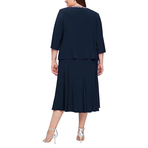 Alex Evenings Women's 2 Piece Tea Length Jacket Dress with Sequin Beaded Trim, Navy, 14