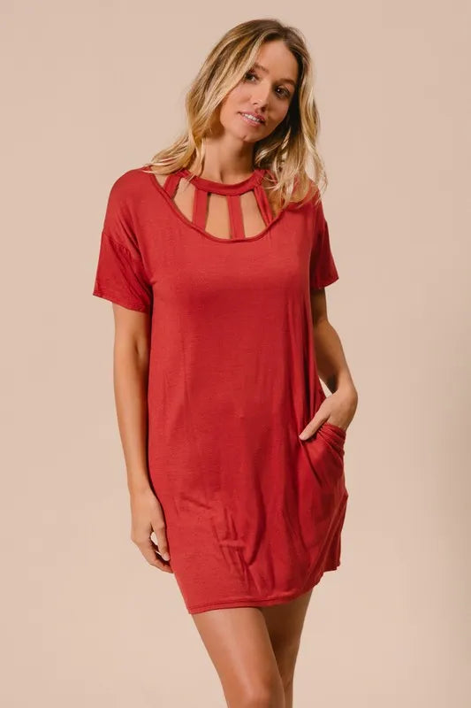 BiBi Front Cutout Mini Tee Dress with Pockets