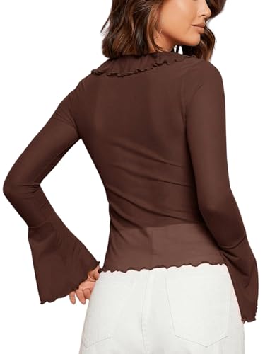 GORGLITTER Women's Vintage Tie Front Sheer Mesh Crop Top Ruffle Flare Long Sleeve Blouse Shirt Chocolate Brown Large