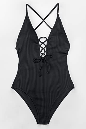 CUPSHE Women's One Piece Swimsuit Backless Tie V Neck Bathing Suit, M Black