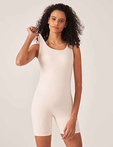 POSHDIVAH Women's Maternity Bodysuit Pregnancy Shapewear Sleeveless Scoop Neck Tank Top Shorts Bodycon Jumpsuit for Photoshoot Workout Beige Small