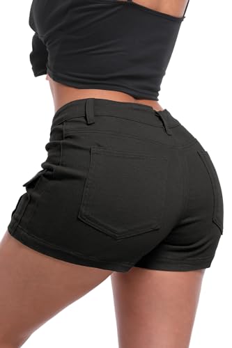ELLEVEN High-Stretch Women's Cargo Jean Shorts, Trendy High-Waisted Cotton Denim Shorts with Pockets, Y2K Mini Denim Shorts