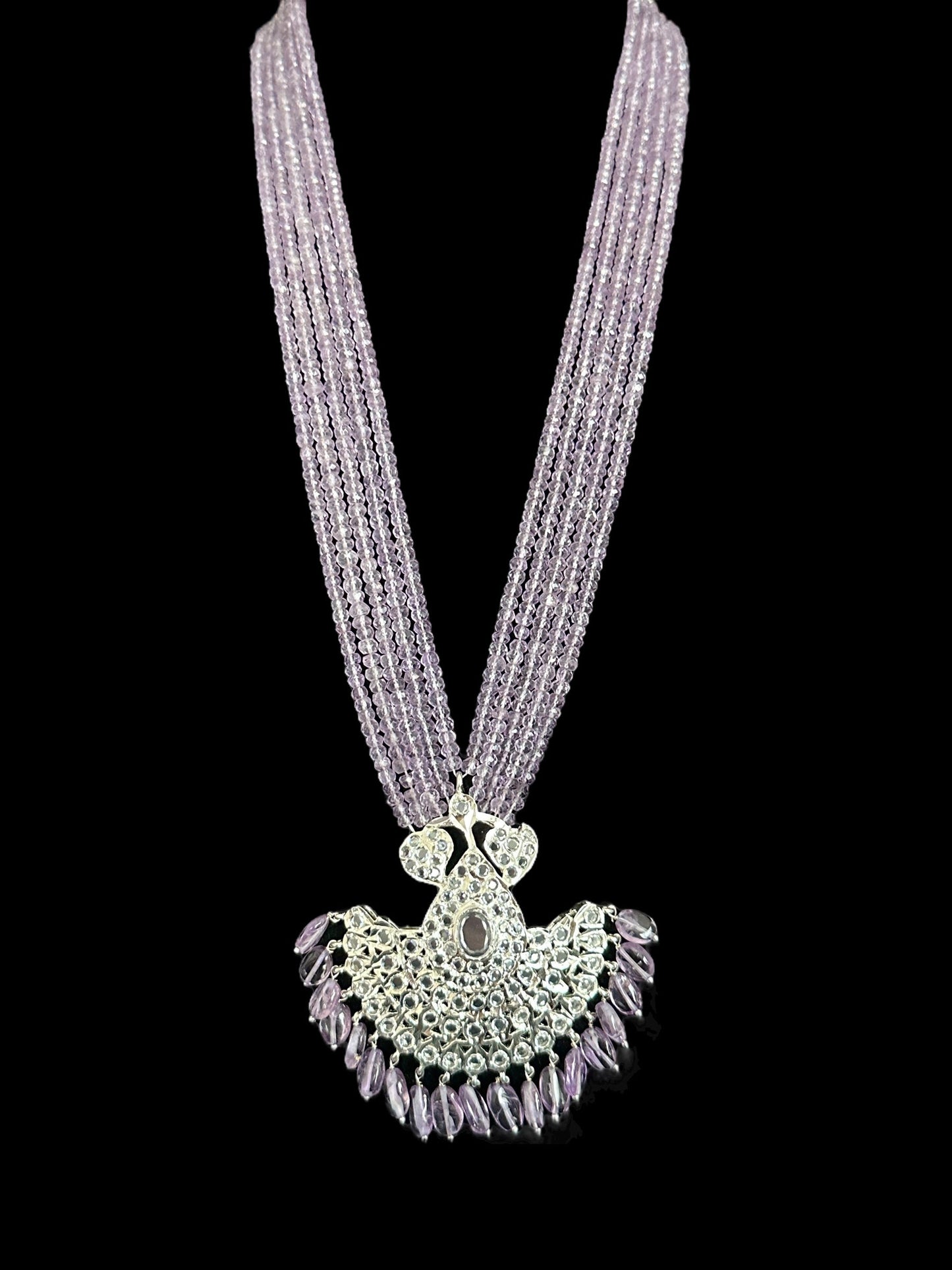 Khushi long necklace with earrings in real amethyst beads ( SHIPS IN 4 WEEKS )