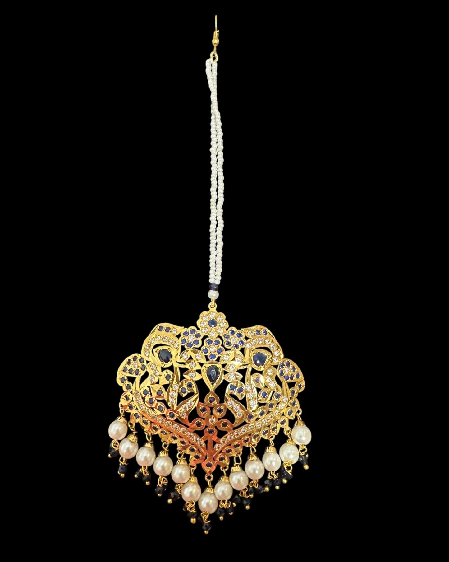 DNS204 Neeli jadau necklace with earrings tika in sapphire zircon(READY TO SHIP )