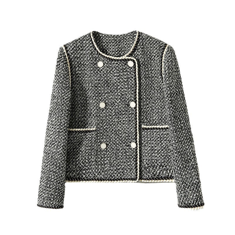 Black White Tweed Double-Breasted Cropped Blazer - Short Coat