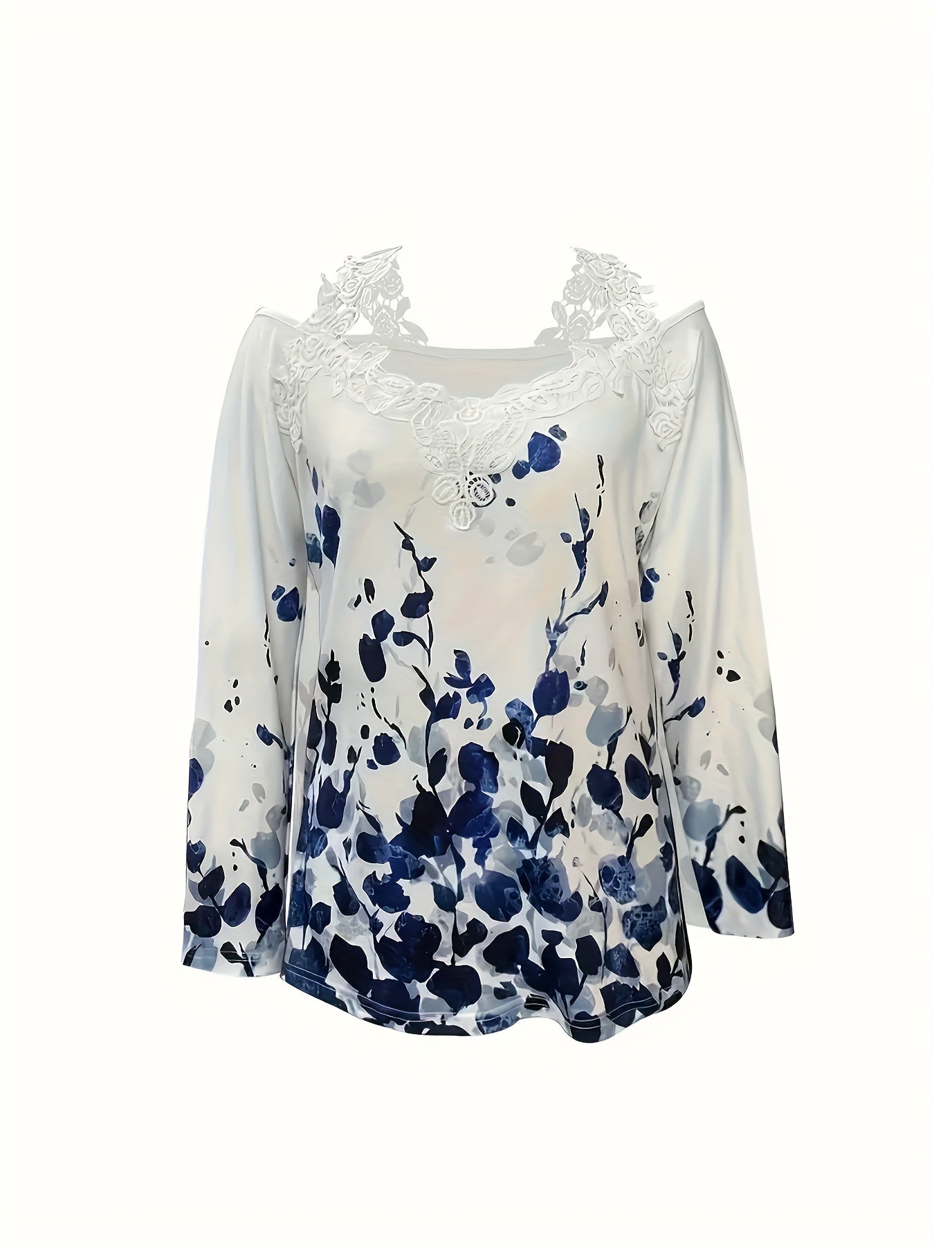 Watercolor Floral Off-Shoulder Lace Top - Navy White Long Sleeve