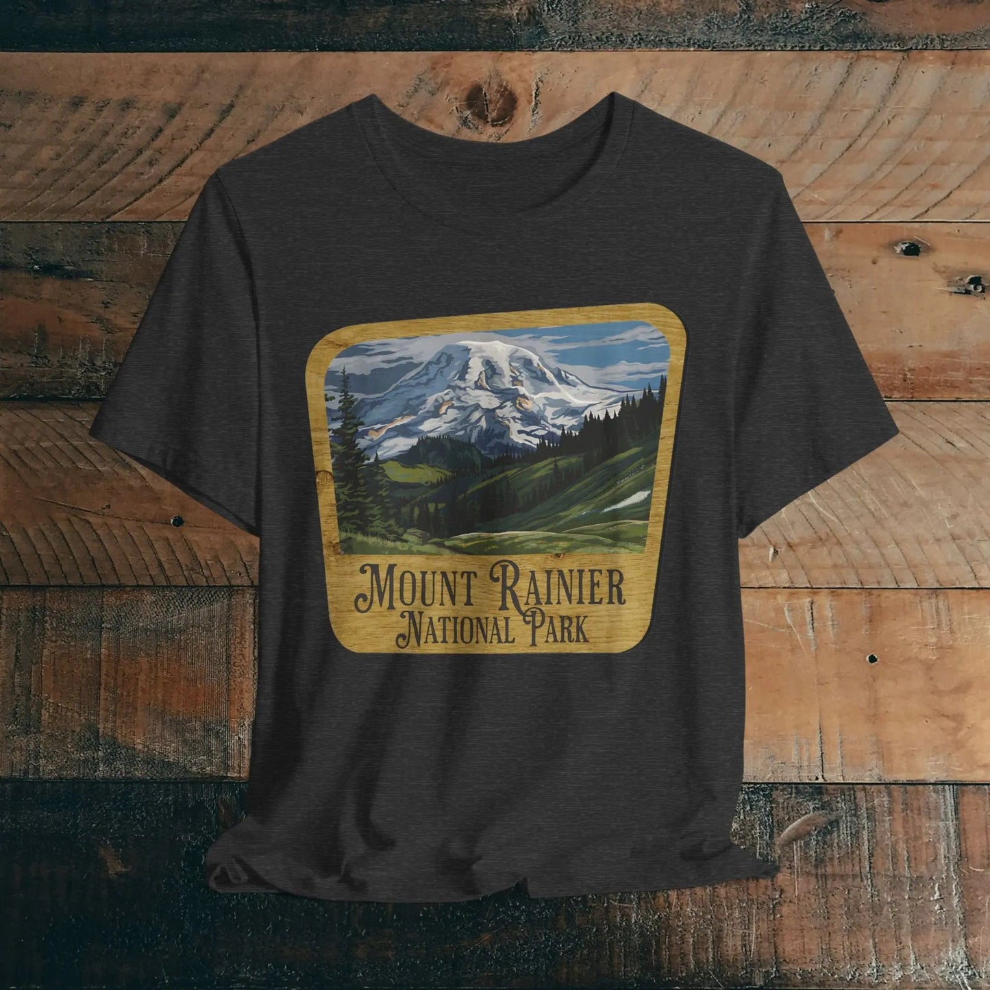 Mount Rainier National Park Unisex Fit Short Sleeve T-Shirt Wood Sign