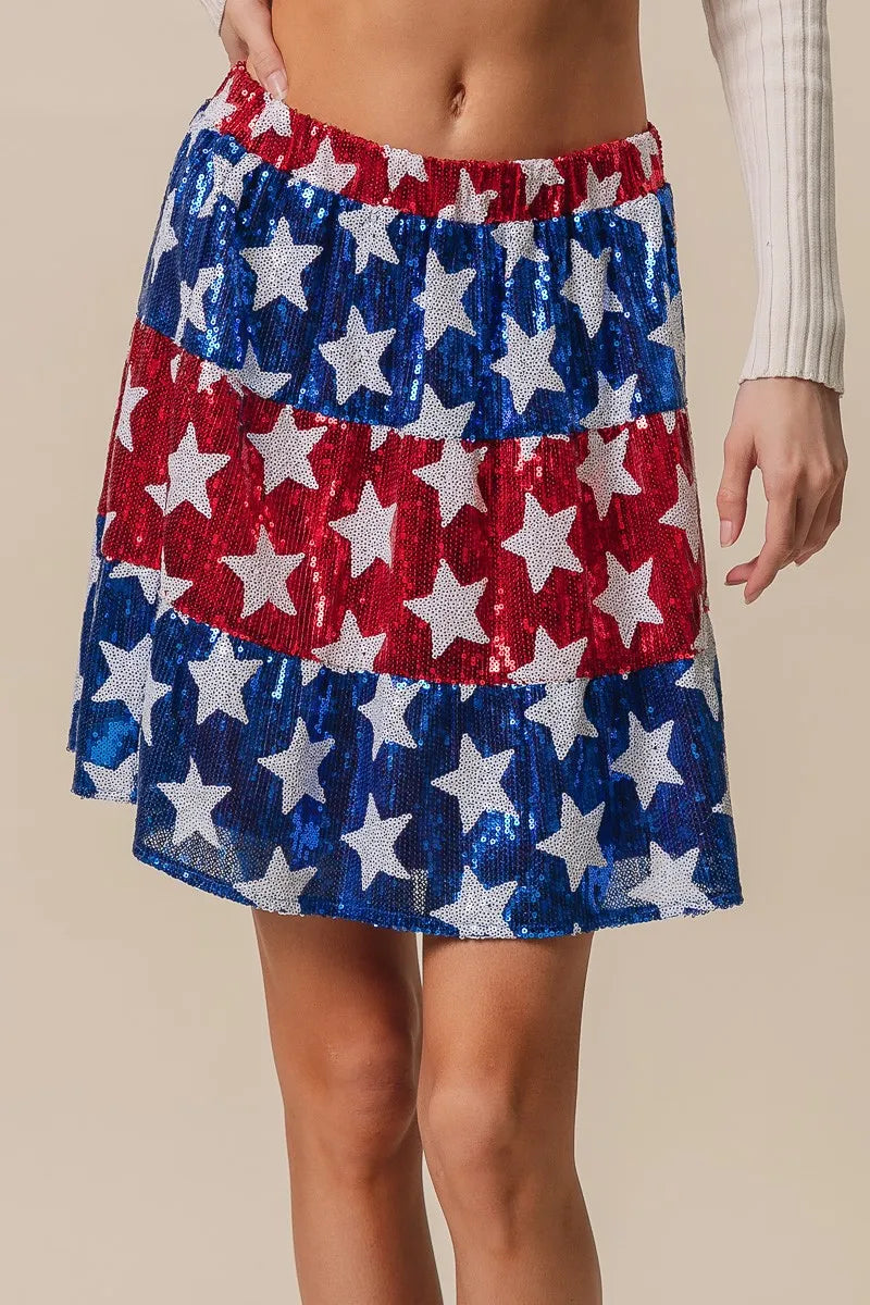 BiBi American Flag Theme Star Sequin Tiered Skirt