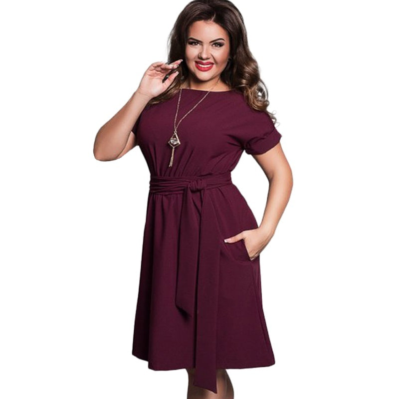 Soft Drape A-Line Plus Size Midi Dress with Belt - 3 Colors