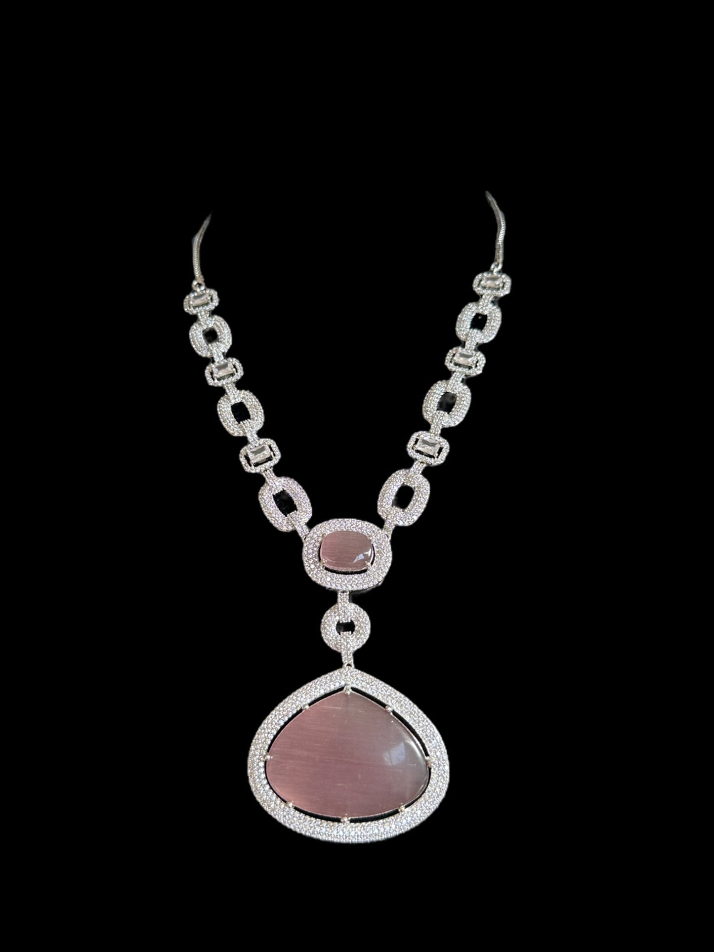 DNS98 CZ necklace set in pink - silver plated ( READY TO SHIP )