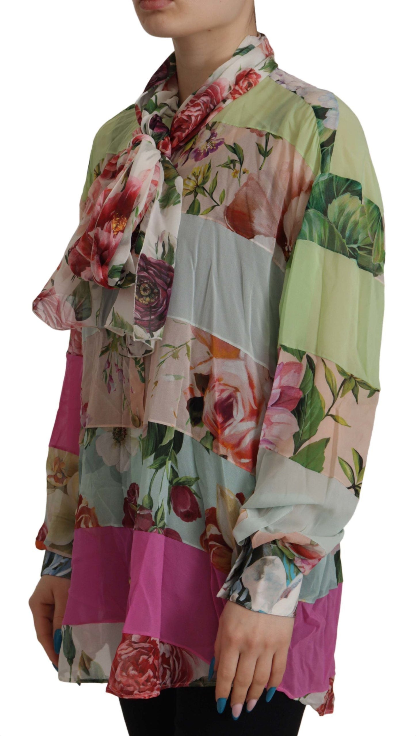Dolce & Gabbana Multicolor Floral Patchwork Design Ascot Collar Top Blouse