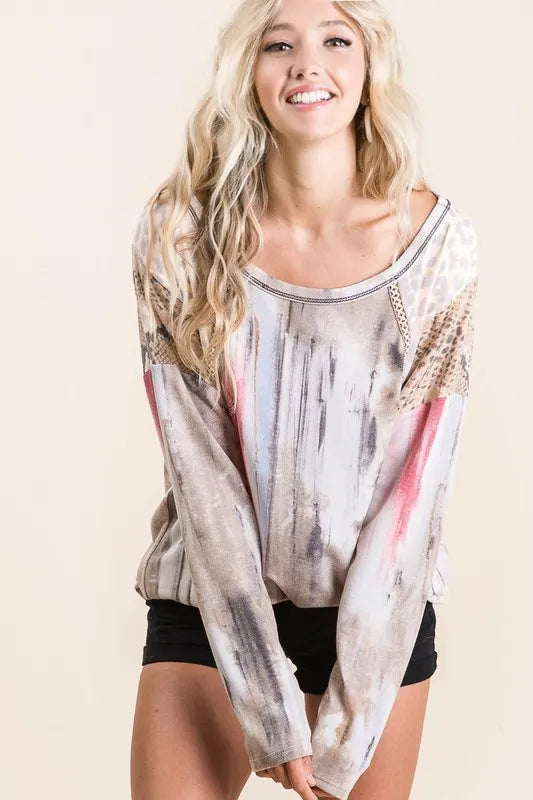 BiBi Tie Dye Knit Top with Print Block Shoulder
