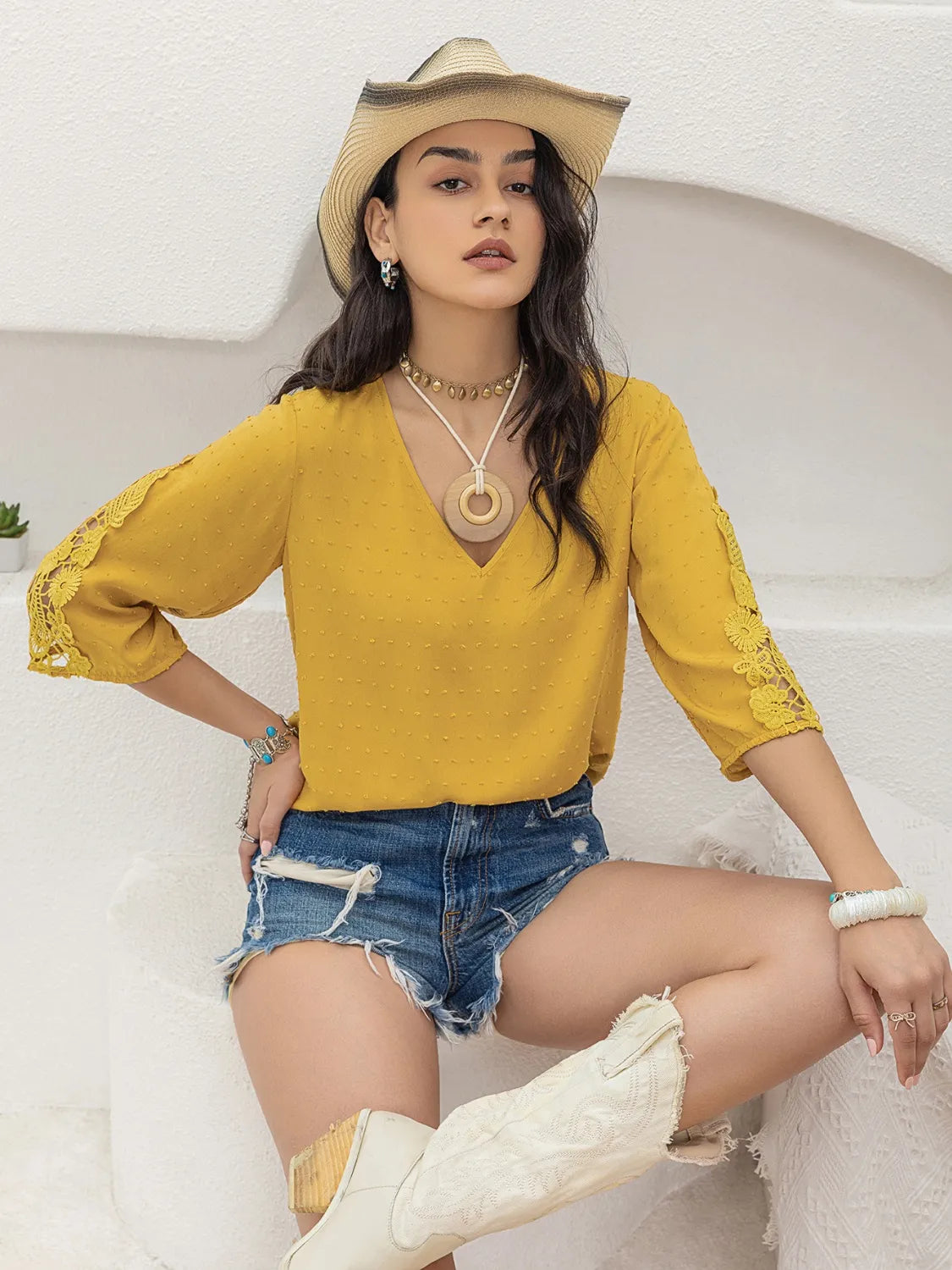 V-Neck Lace Three-Quarter Sleeve Top