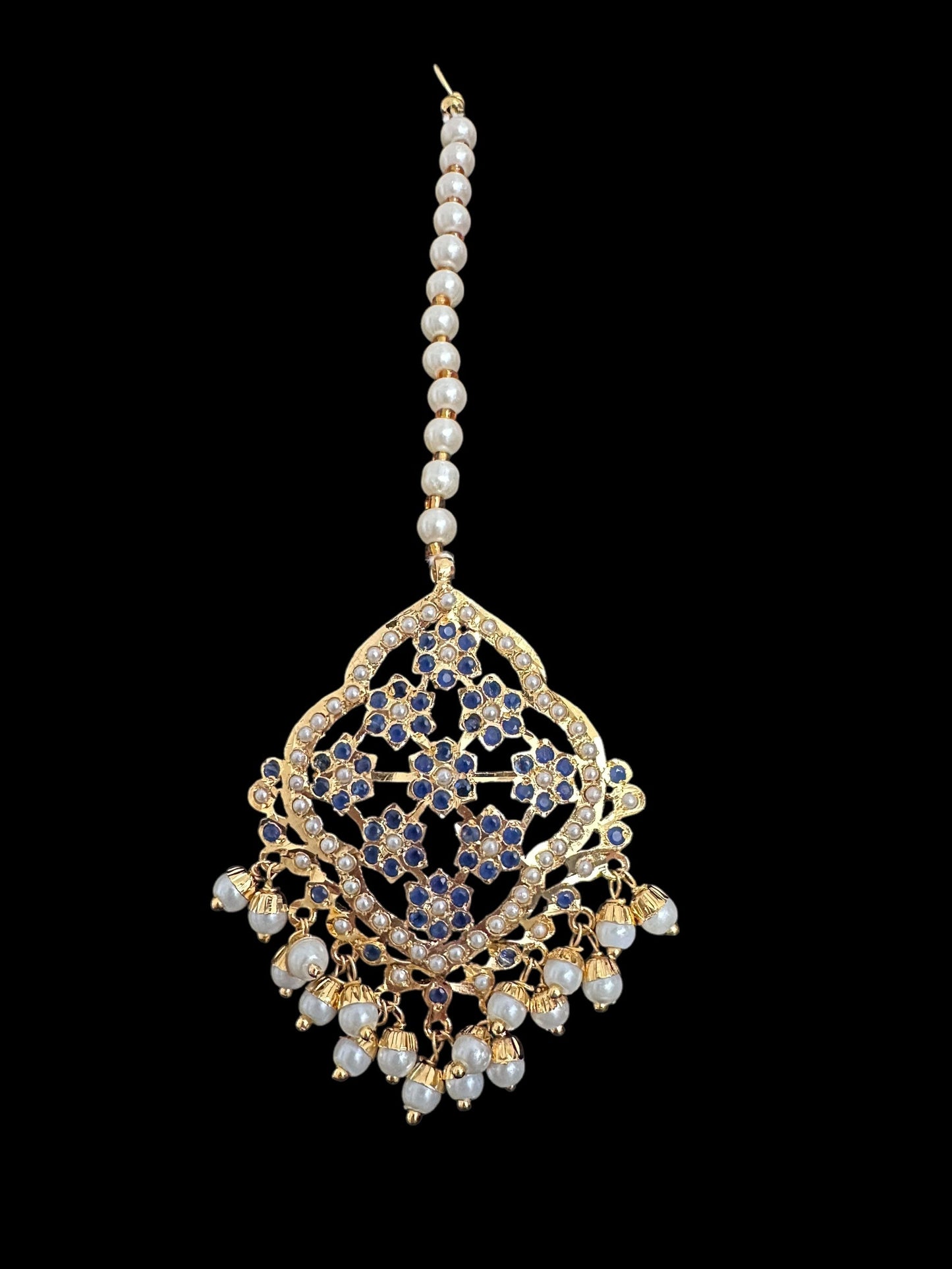 DJET89 Mehru Jadau chandbali earrings tika in sapphire pearls ( READY TO SHIP )