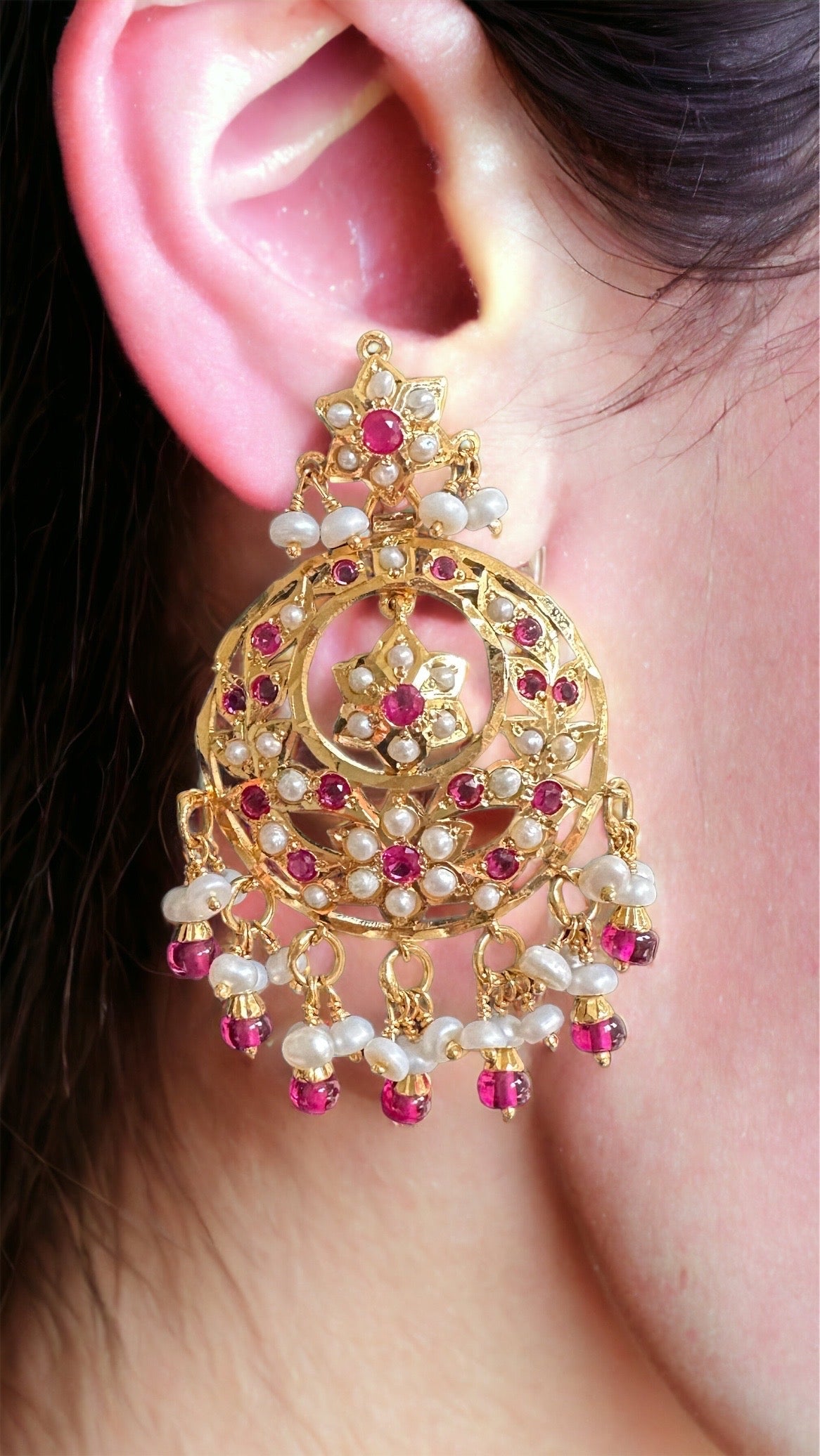 Ruby pearl gold plated silver chandbali ( SHIPS IN 4 WEEKS )