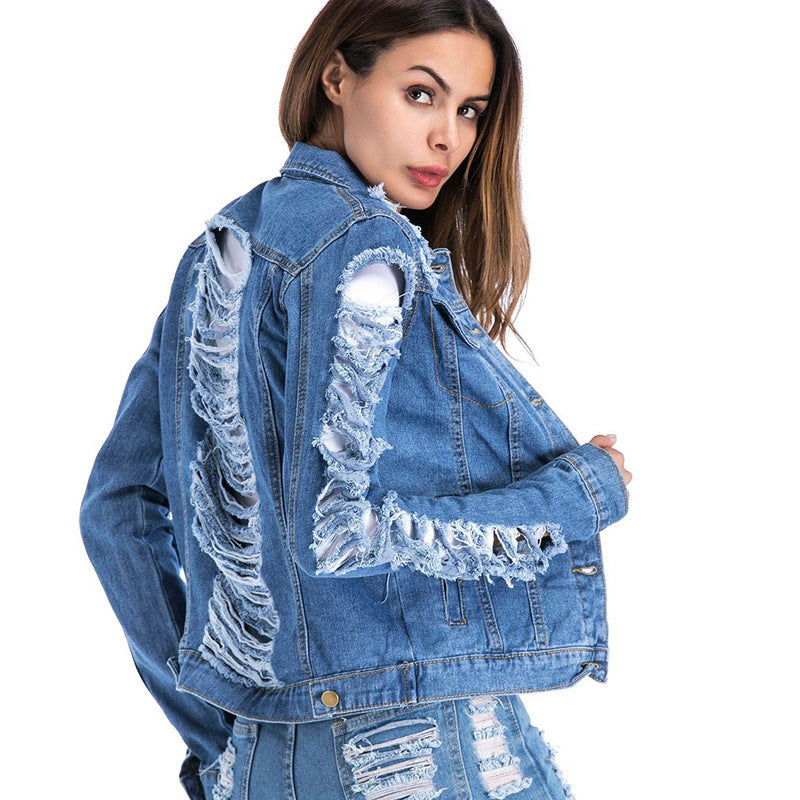 Distressed Blue Denim Fringe Jacket - Cropped Shredded Cotton