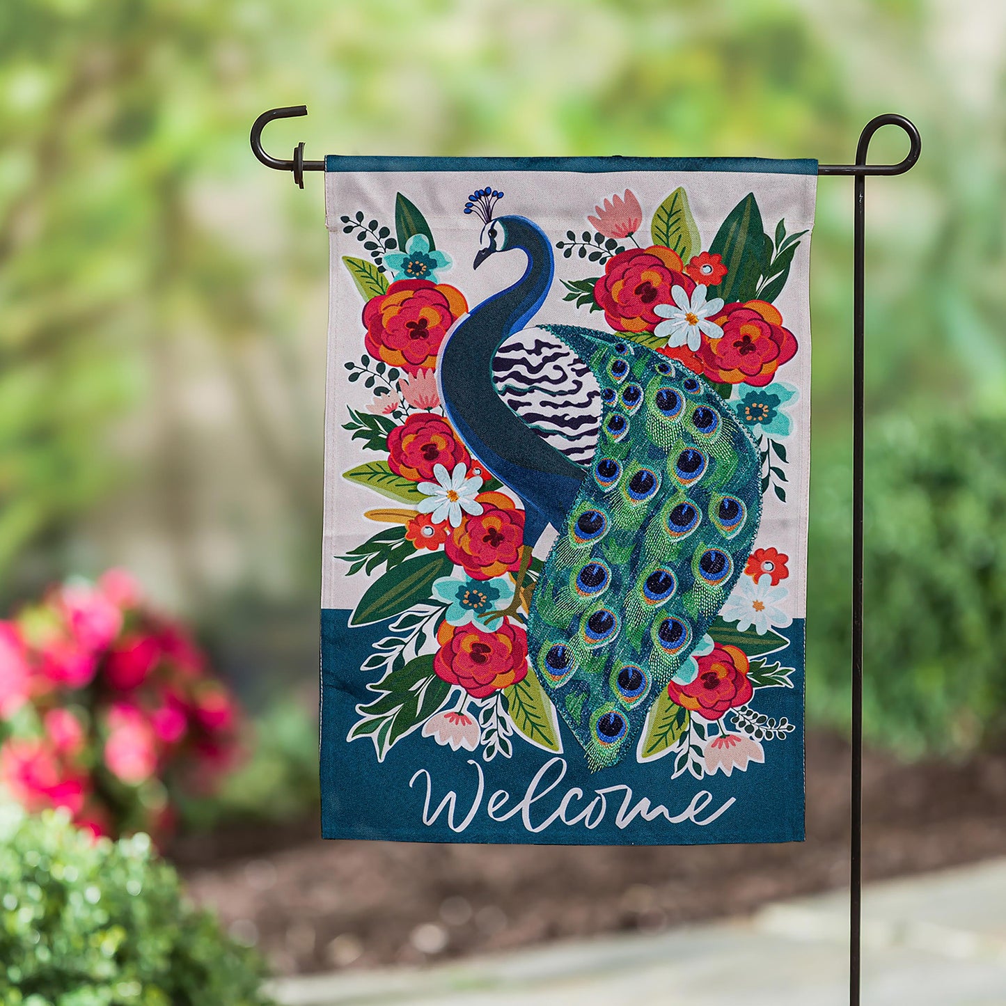 Floral Peacock Garden Linen Flag