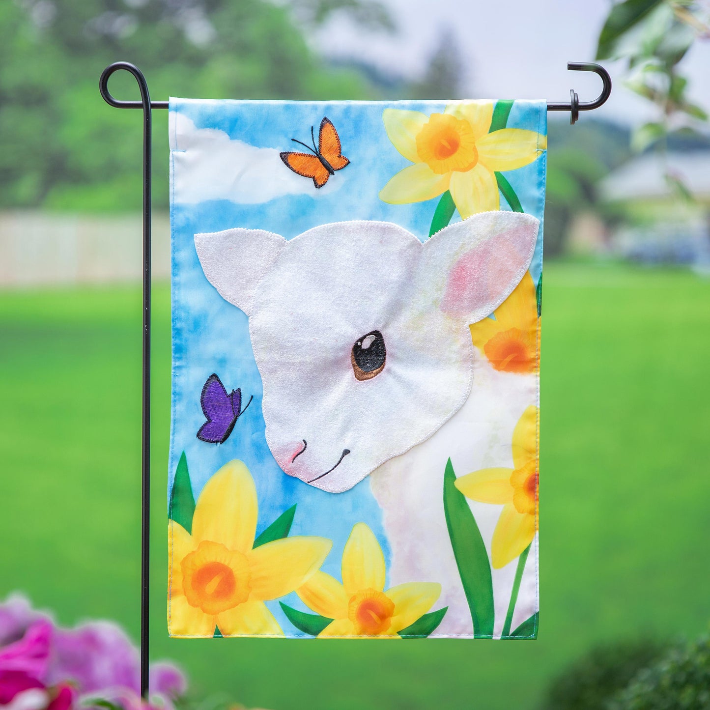 Lamb in Daffodil Field Applique Garden Flag