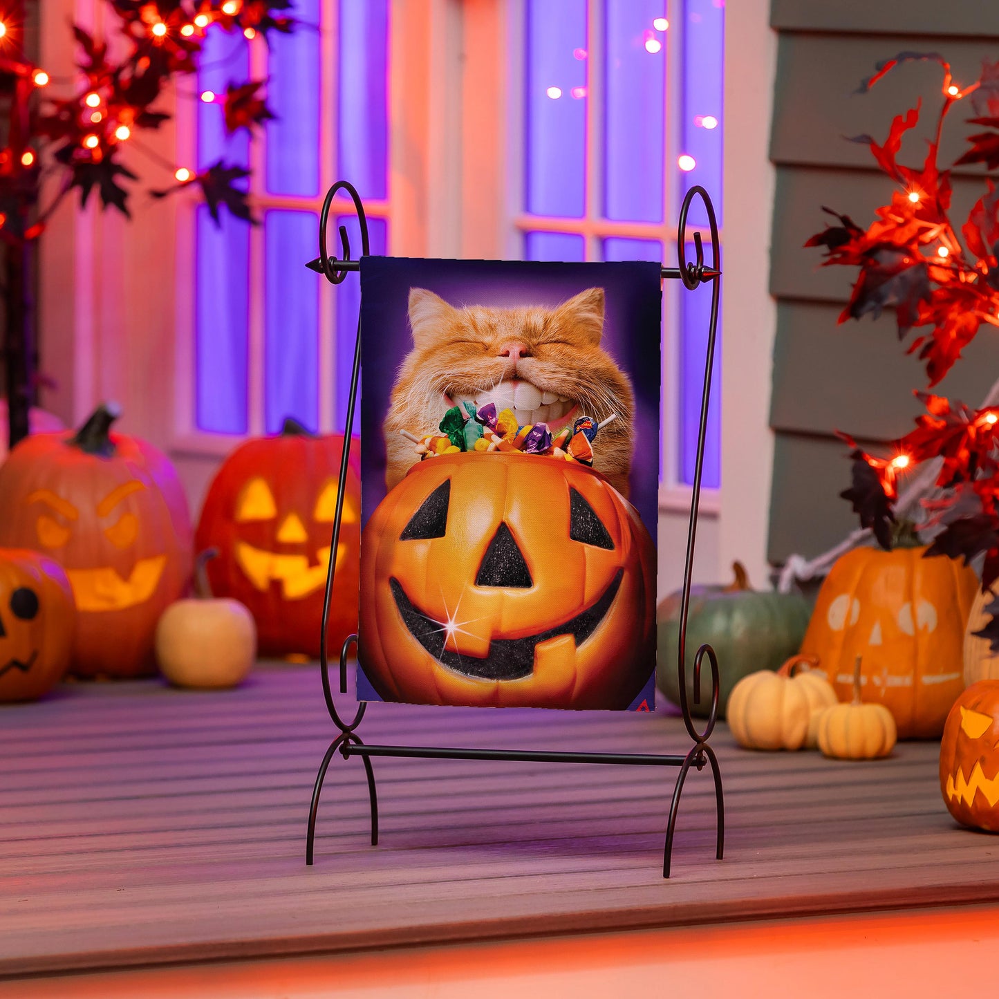 Cat Jack O'Lantern Pumpkin Teeth Suede Garden Flag