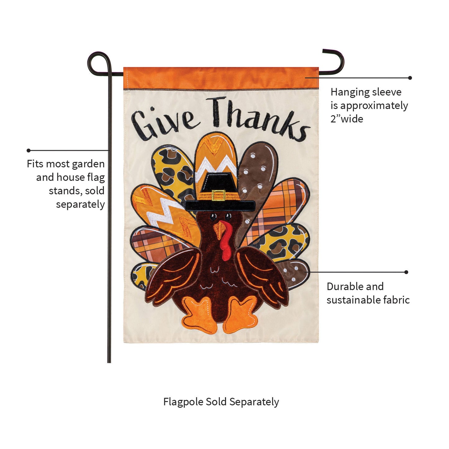 Give Thanks Patterned Turkey Applique Garden Flag