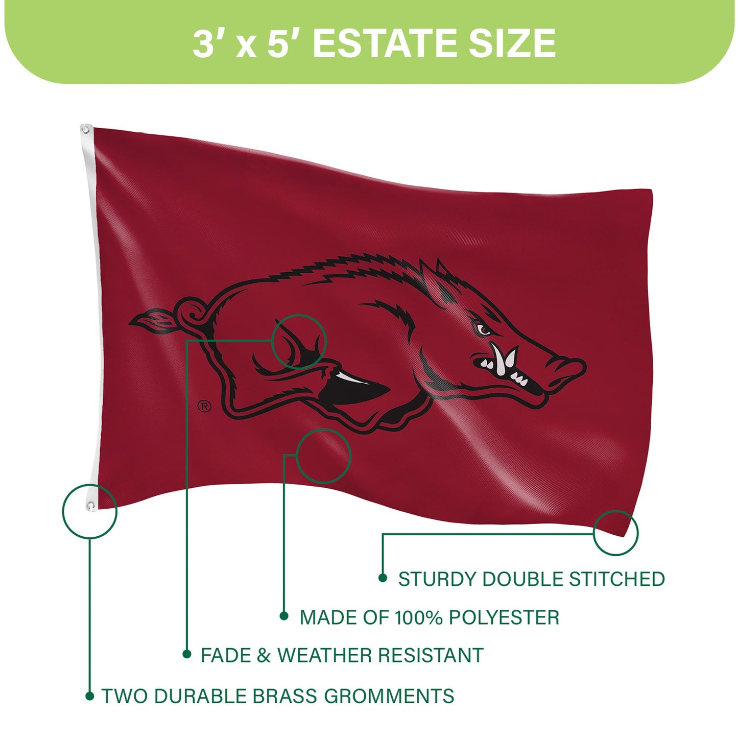 University of Arkansas Single Sided Estate Flag with 2 Grommets, 3'x5'