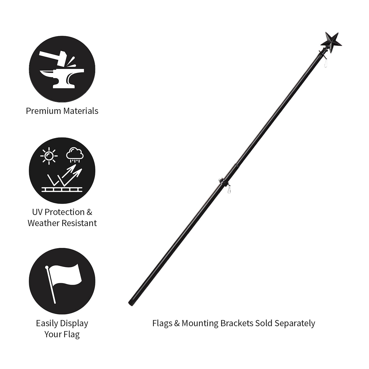 Star Metal Extendable House Flag Pole, Black