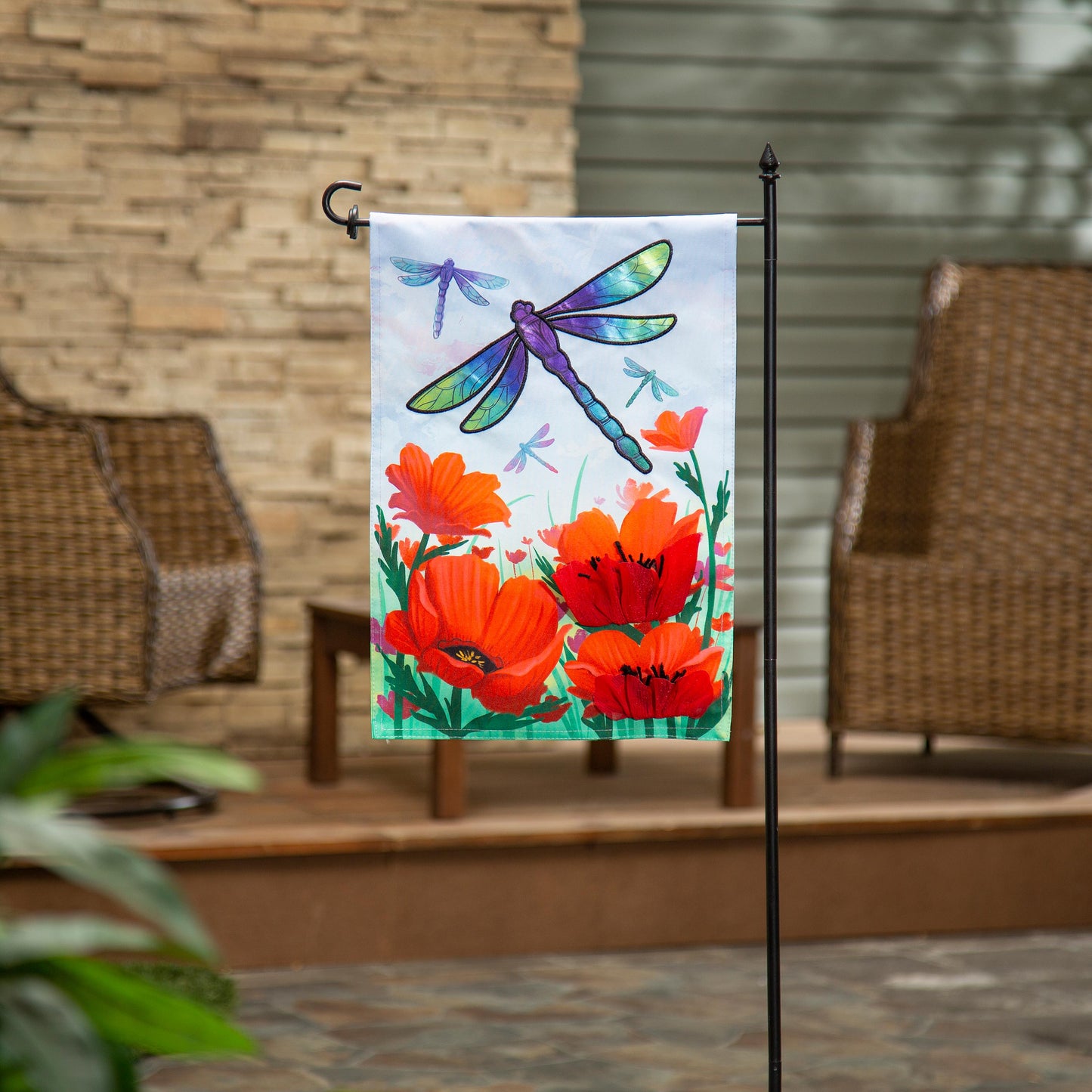 Dragonfly and Poppy Linen Garden Flag