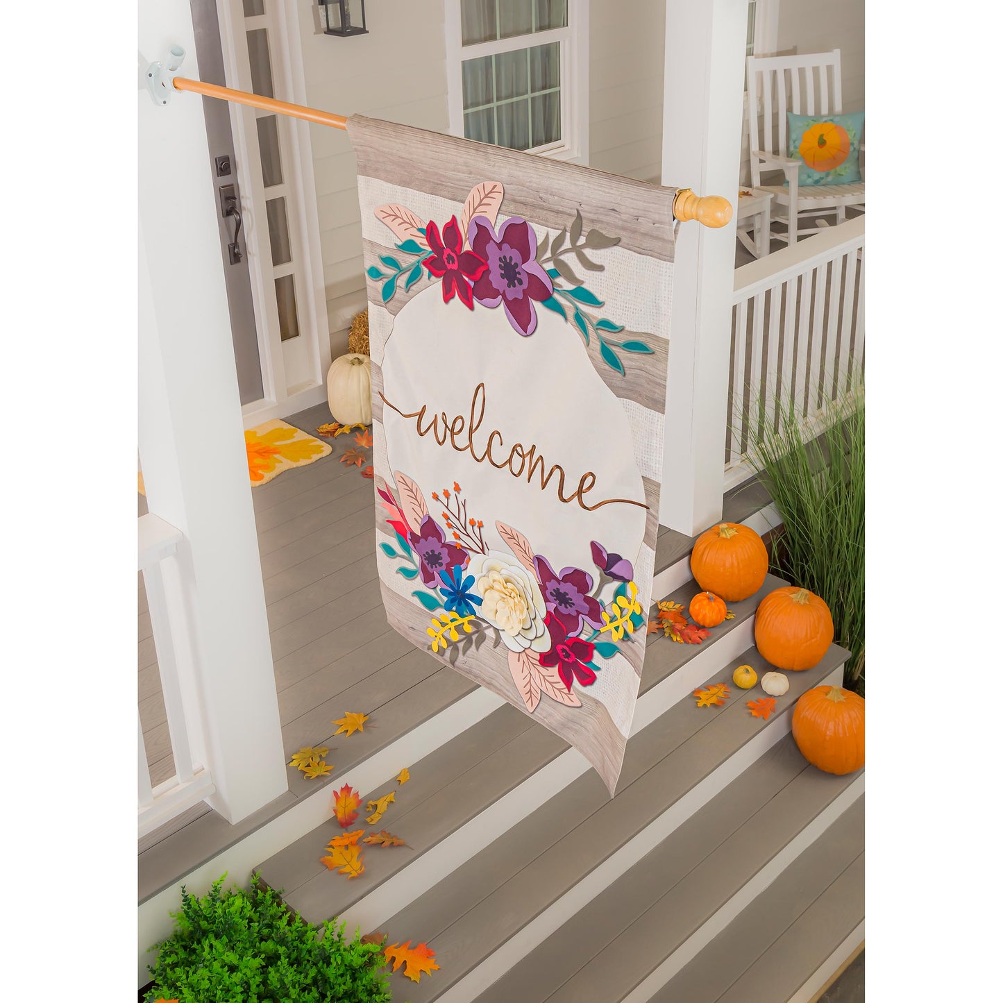 Fall Stripes Welcome House Linen Flag