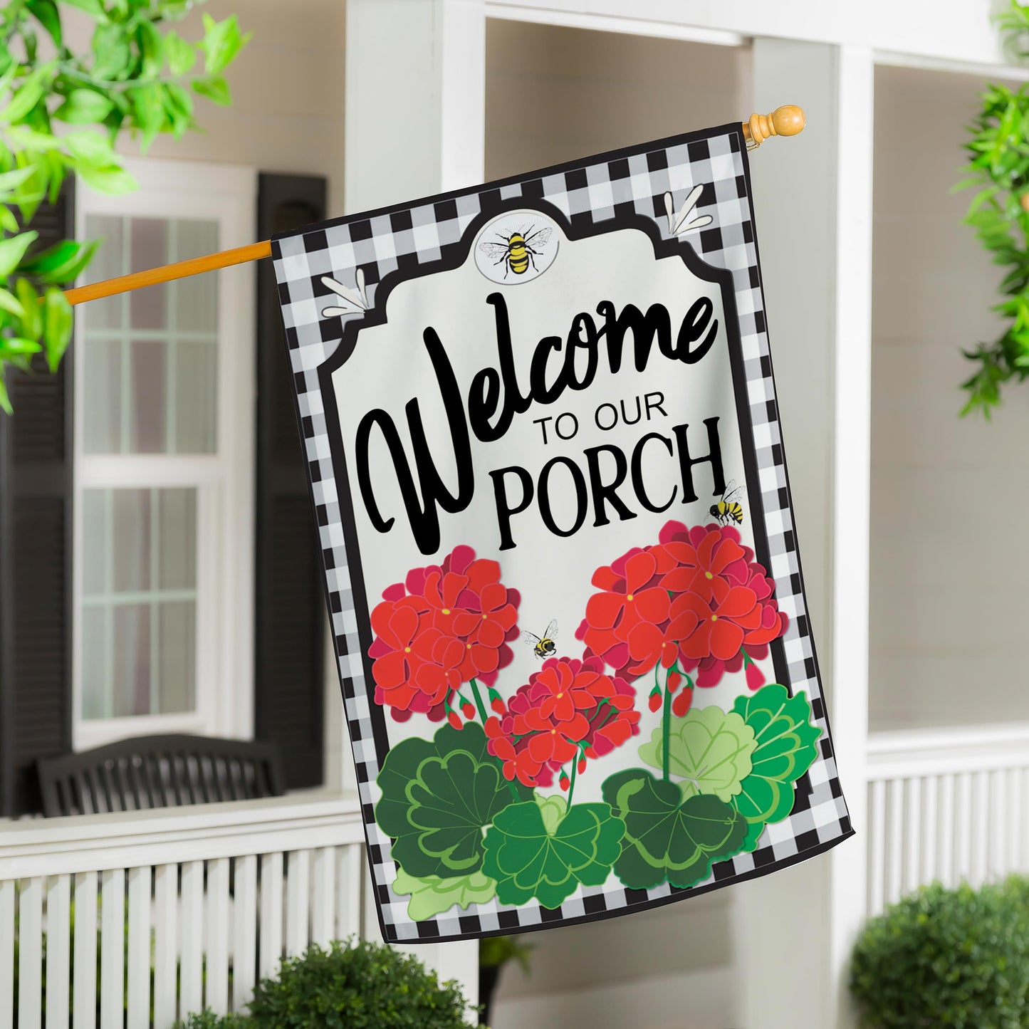 Welcome to Our Porch Geraniums House Applique Flag