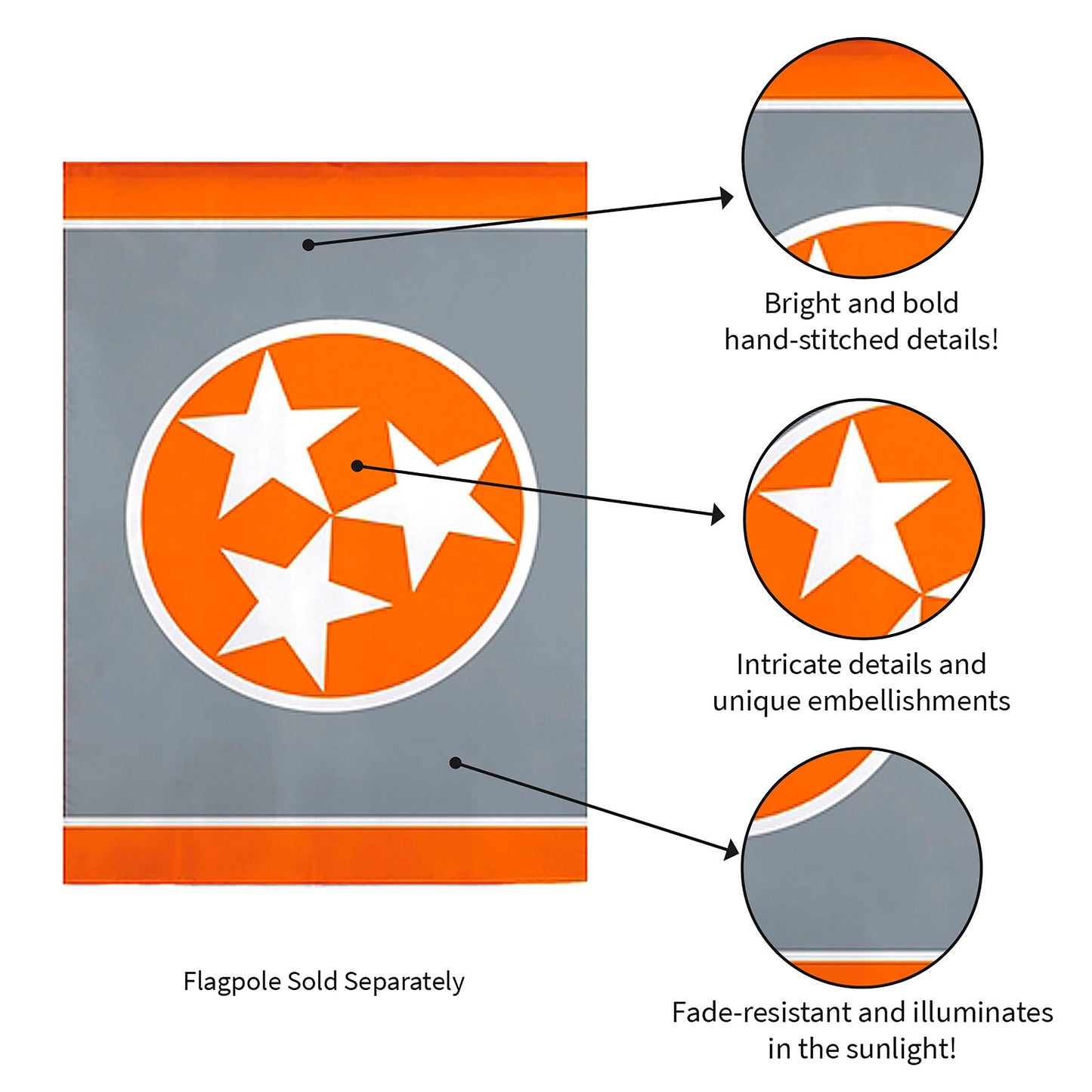Tennessee Tri Star, Grey Garden Applique Flag