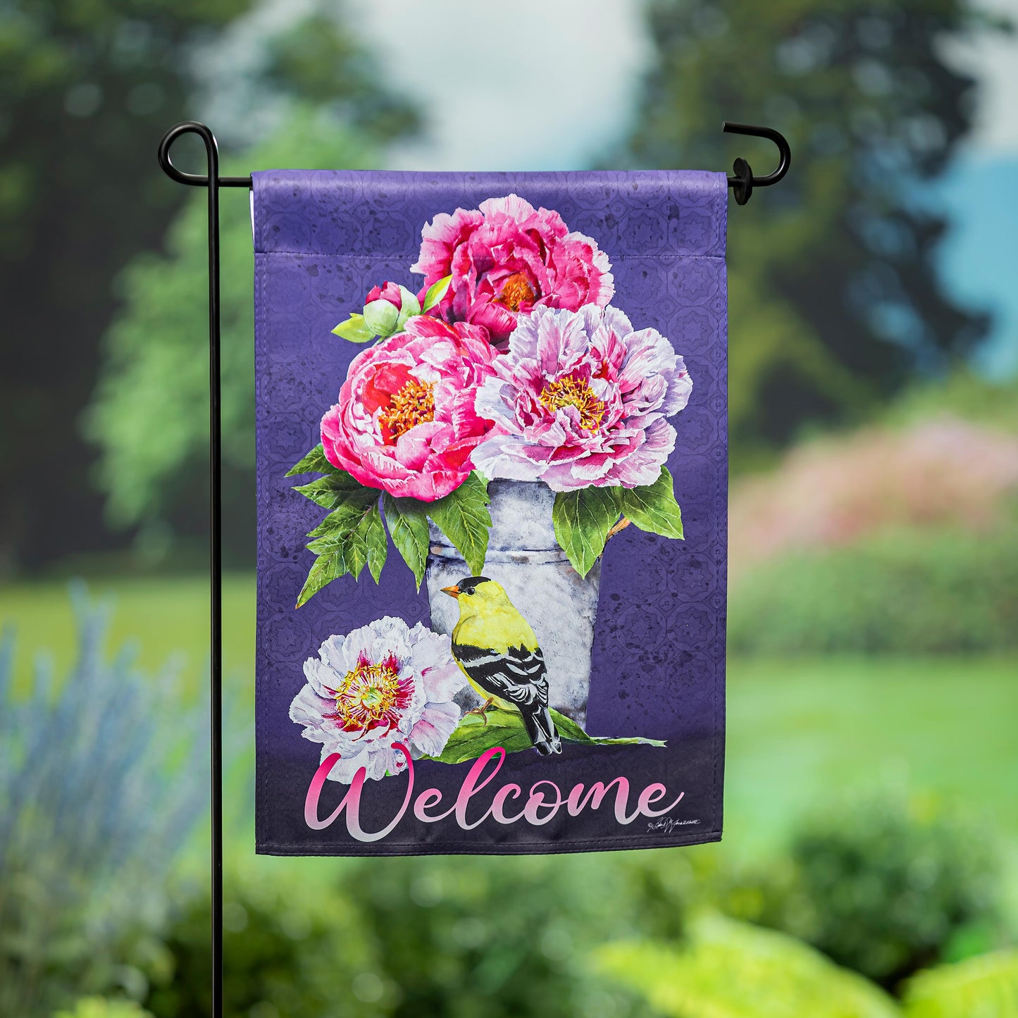 Bucket of Peonies Suede Garden Flag