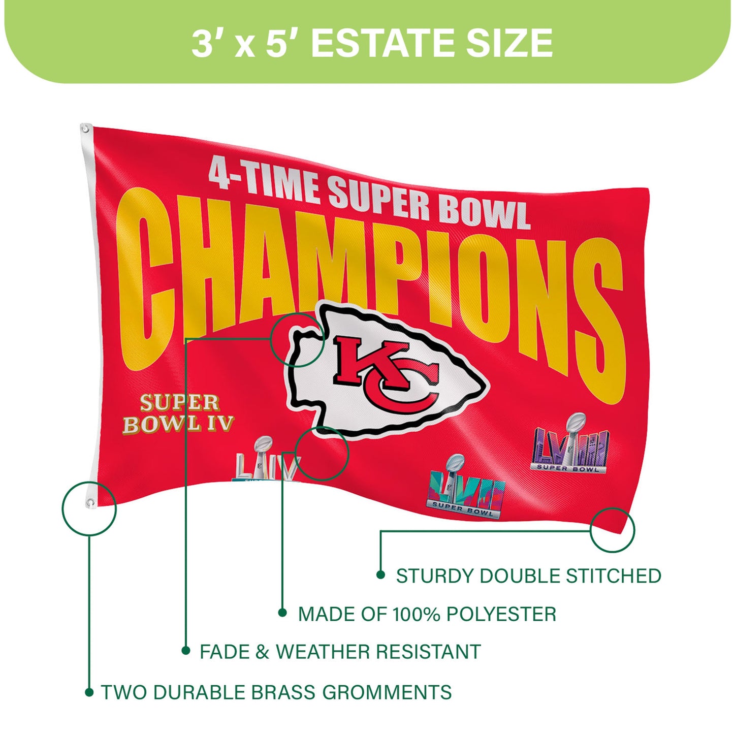 Kansas City Chiefs Multi-Win Superbowl Champions Football 3x5 Flag