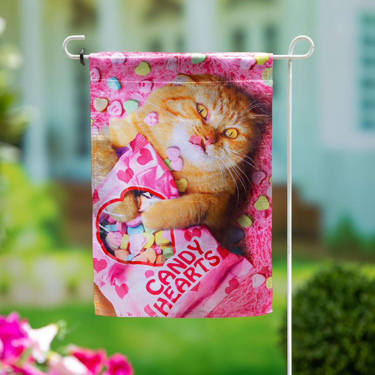 Cat With Candy Heart Lustre Garden Flag