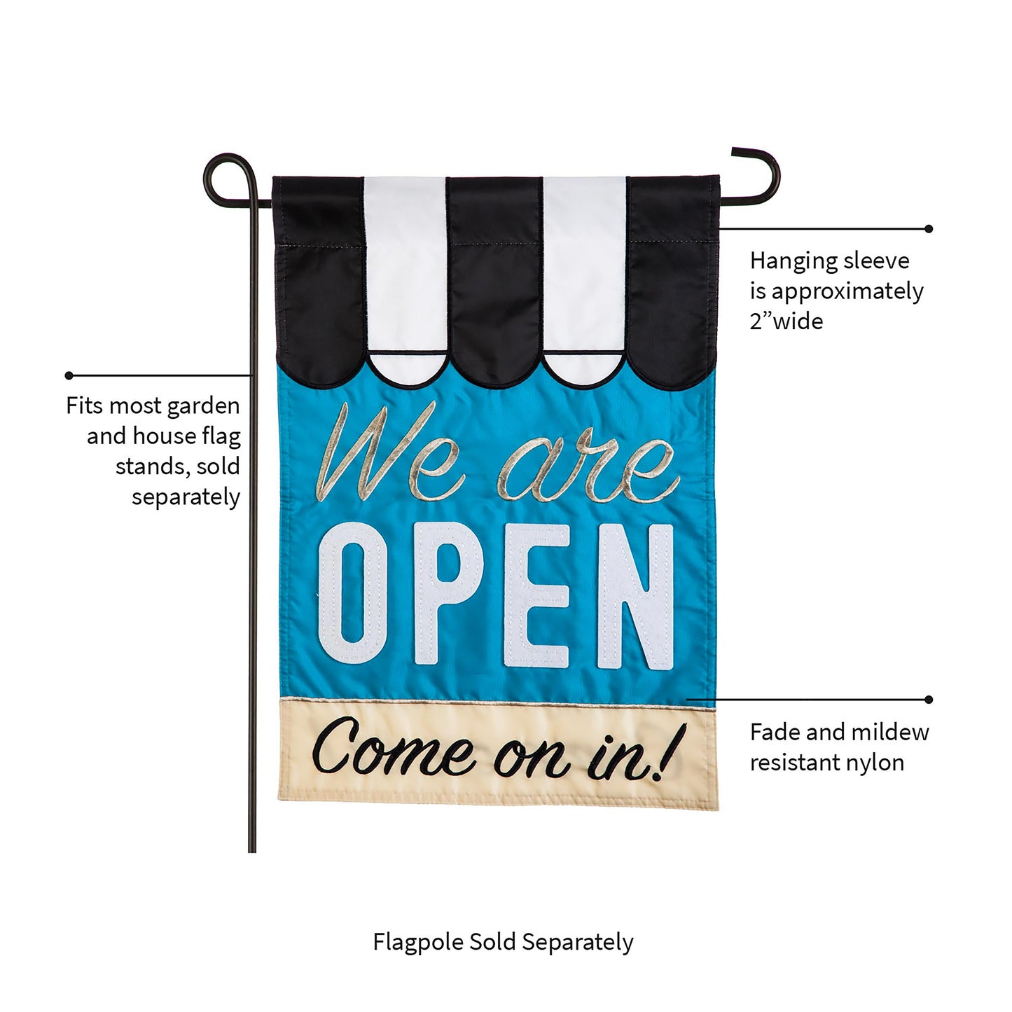 We Are Open Garden Applique Flag