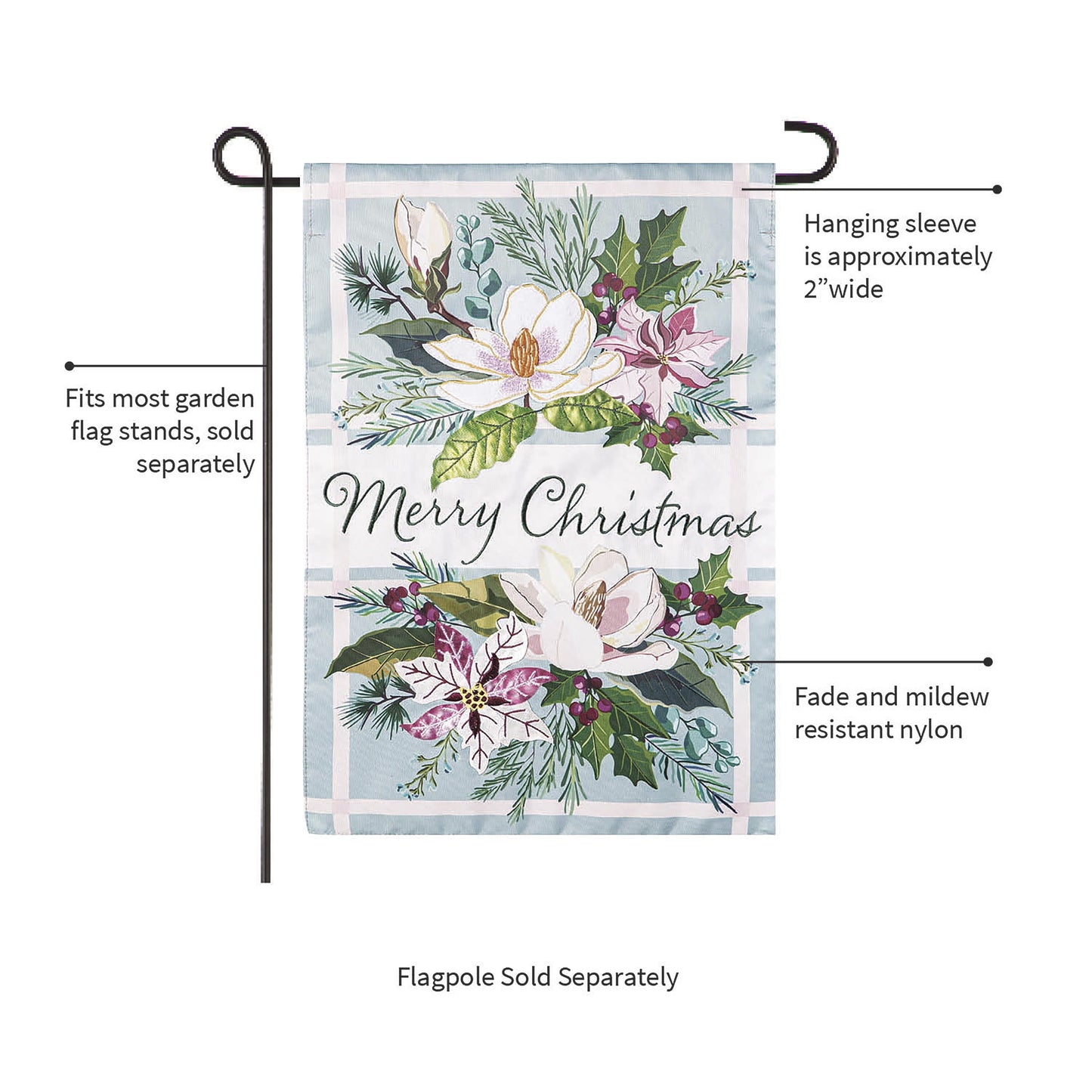 Merry Christmas Floral Applique Garden Flag