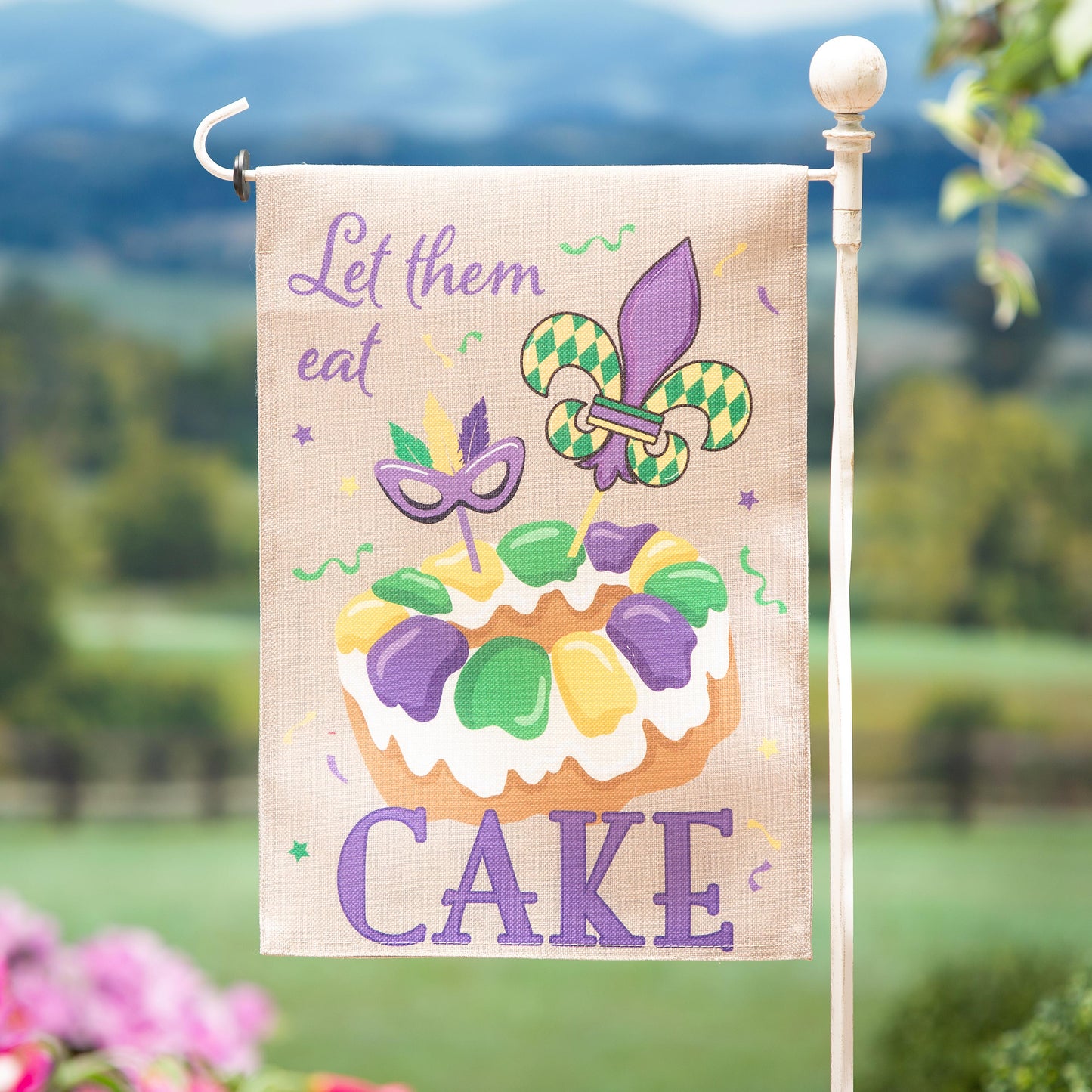 Mardi Gras Let Them Eat Cake Burlap Garden Flag