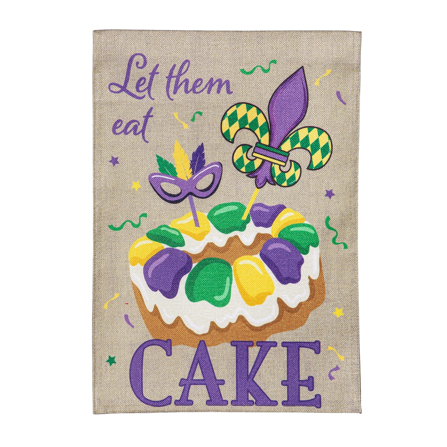 Mardi Gras Let Them Eat Cake Burlap Garden Flag
