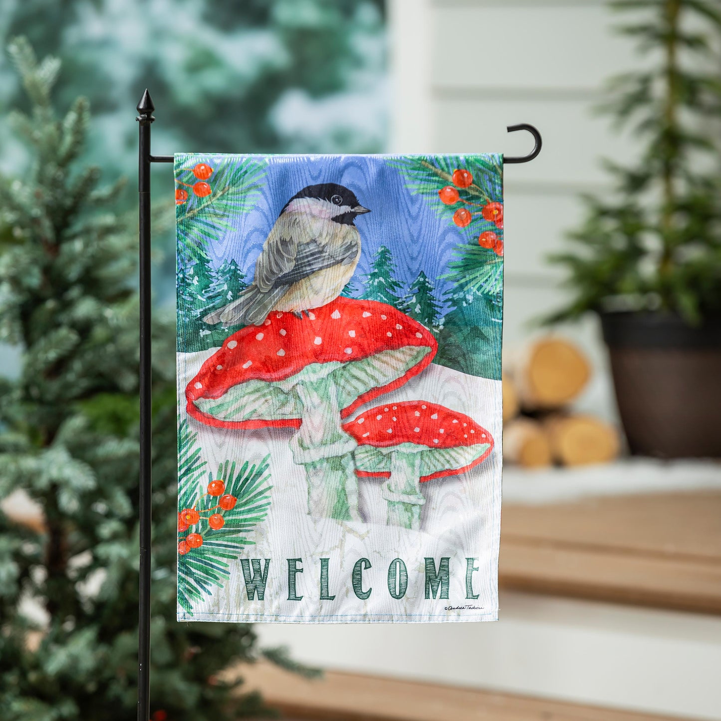 Chickadee and Winter Moire Garden Flag