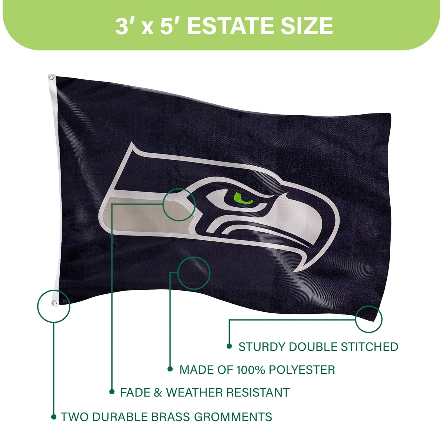 Seattle Seahawks Single Sided Estate Flag with 2 Grommets, 3'x5'