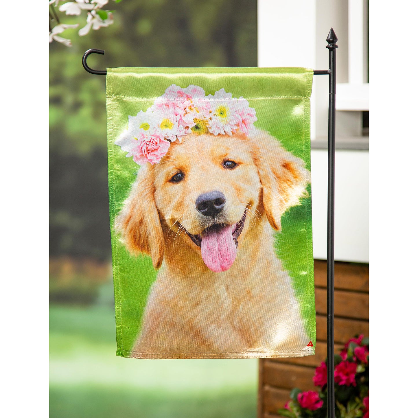 Golden Lab with Flower Crown Lustre Garden Flag