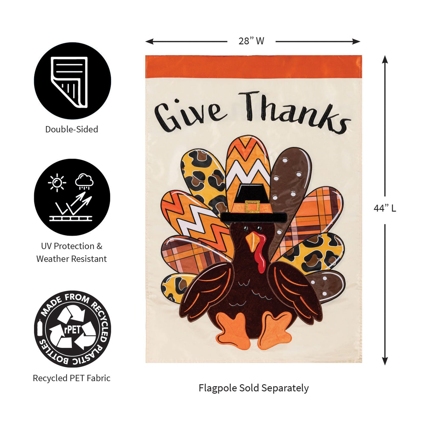 Give Thanks Patterned Turkey Applique House Flag