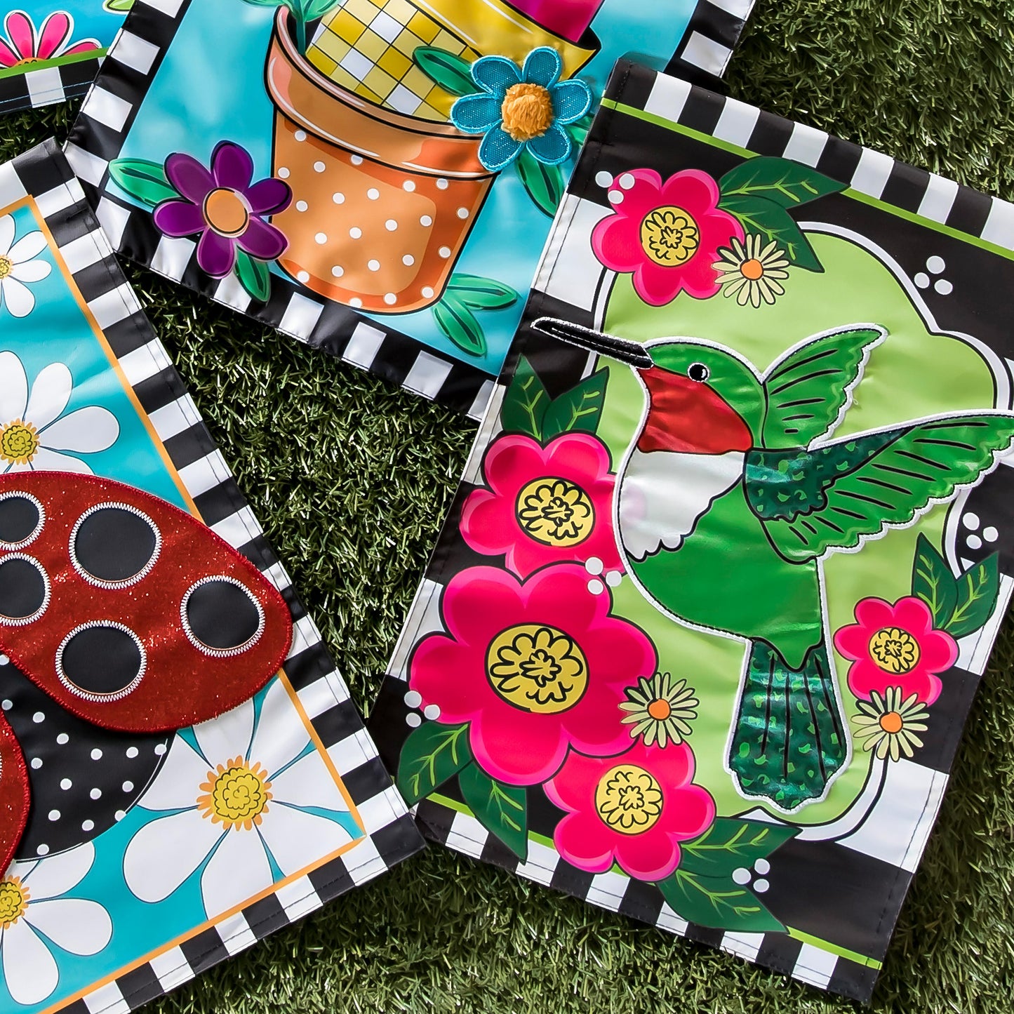 Spring Hummingbird Garden Applique Flag