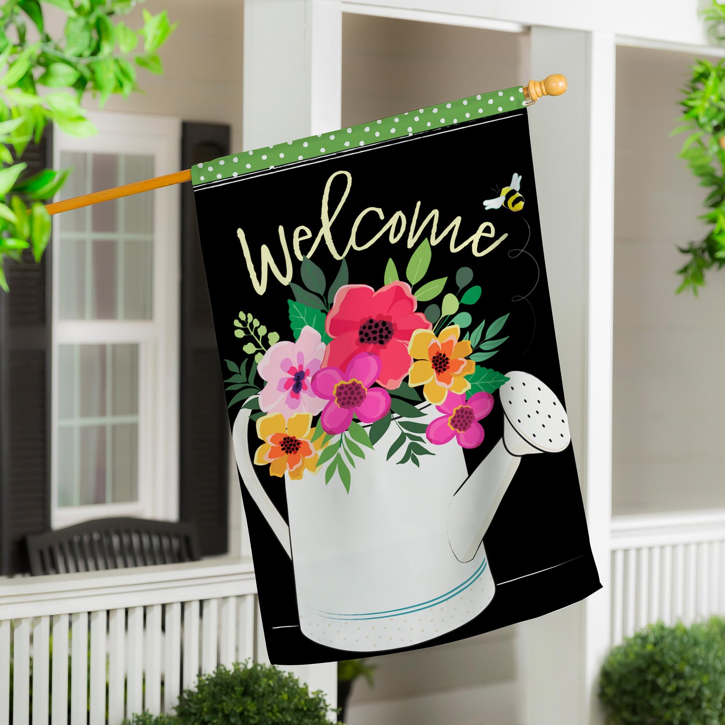 Watering Can Welcome Burlap House Flag