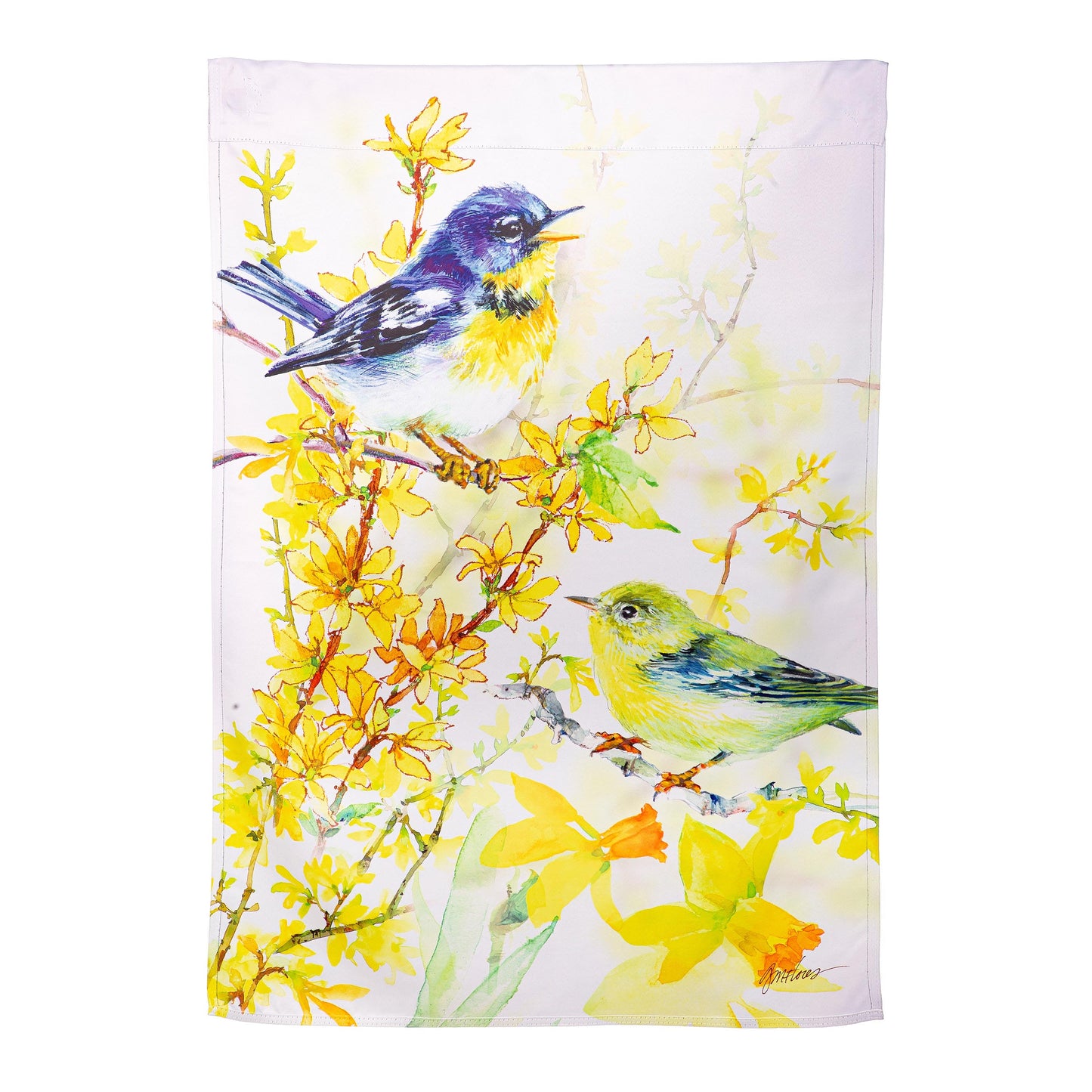 Birds and Forsythia Suede House Flag
