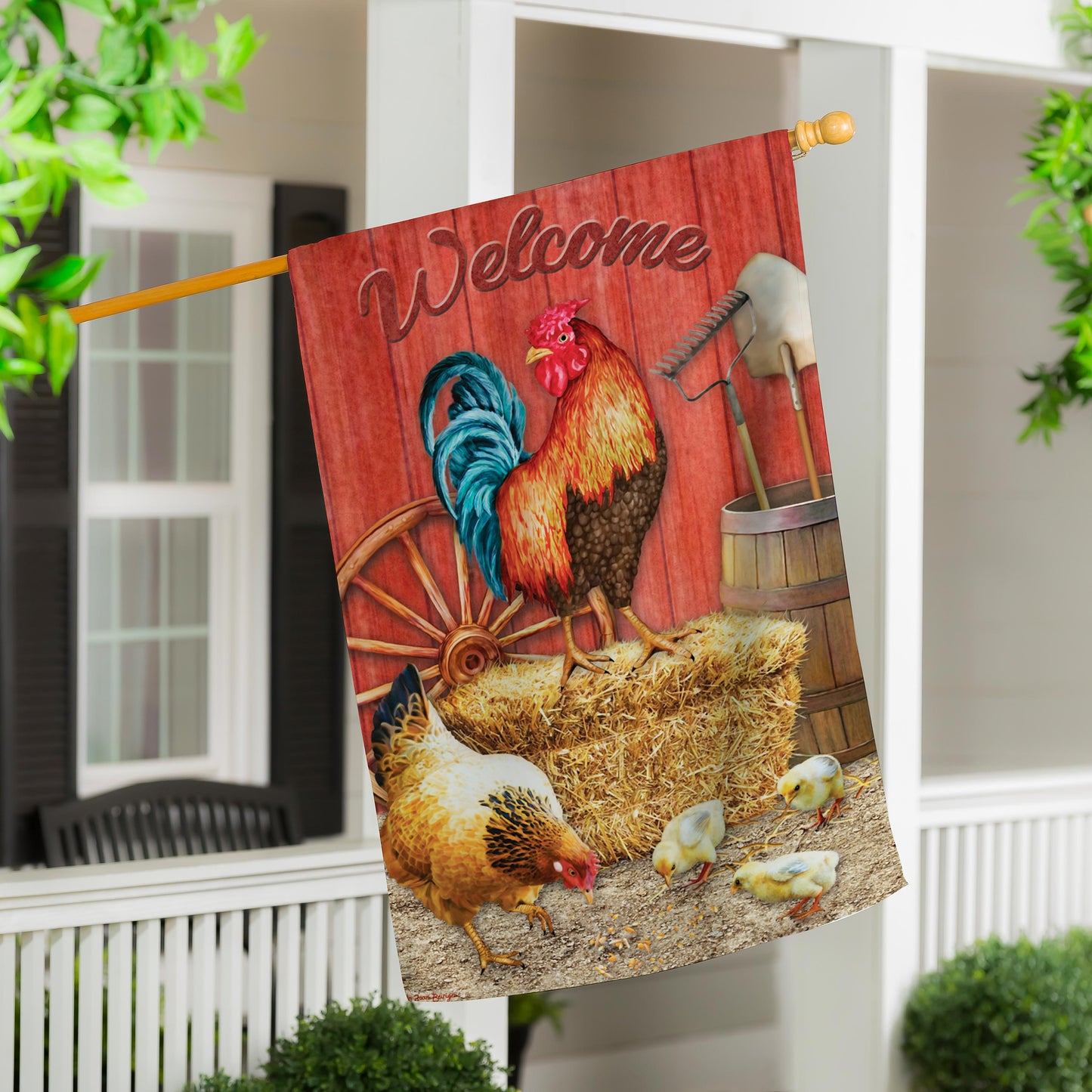 Chicken in Barn Suede House Flag