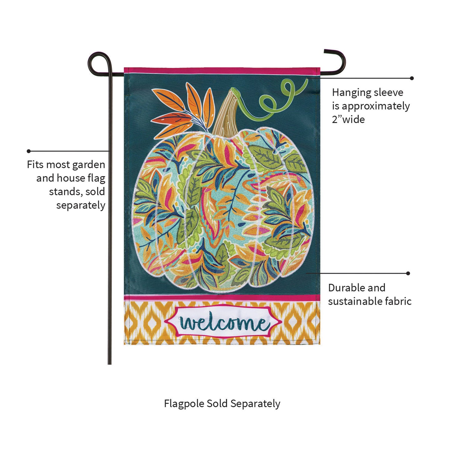 Patterned Jacobean Floral Pumpkin Applique Garden Flag