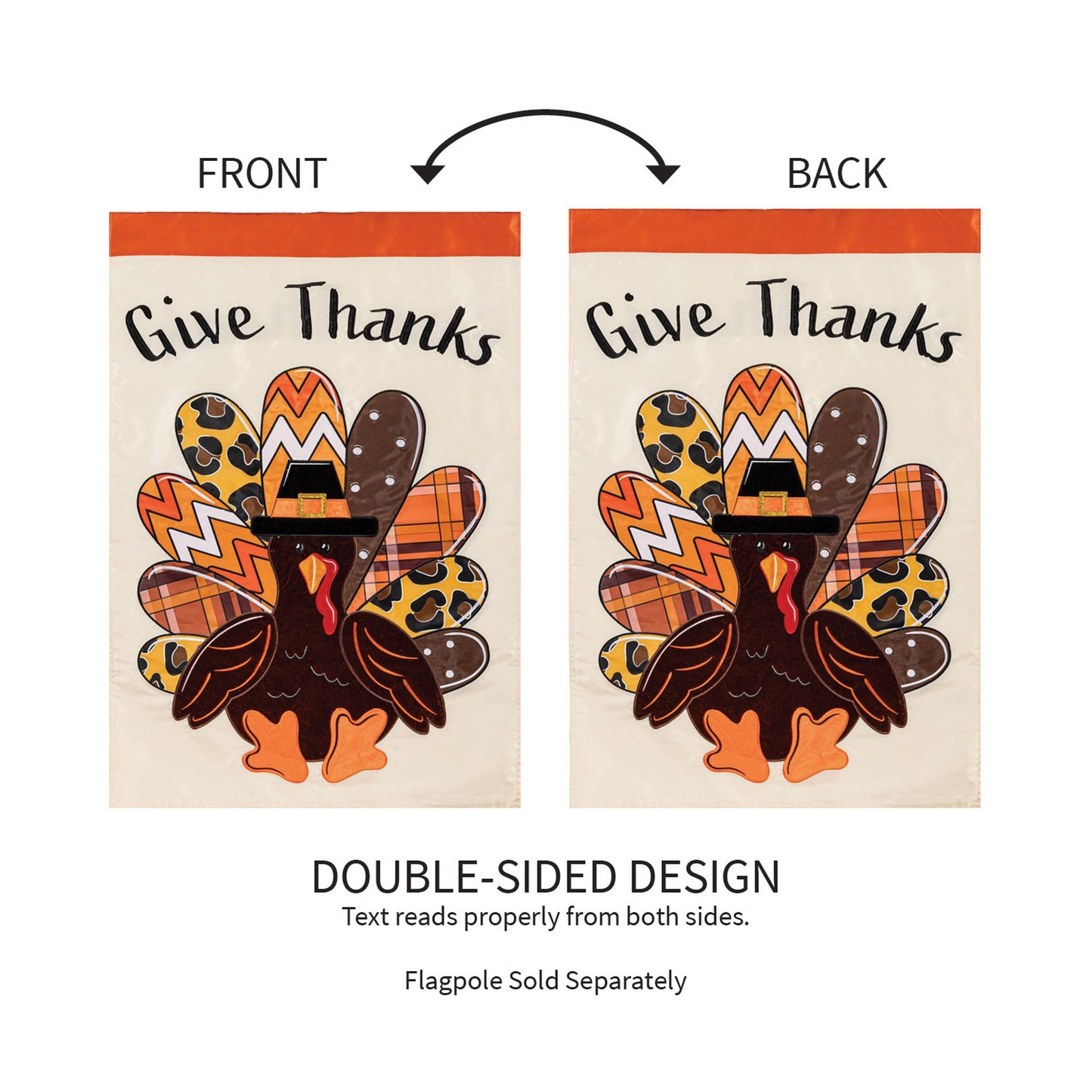 Give Thanks Patterned Turkey Applique House Flag