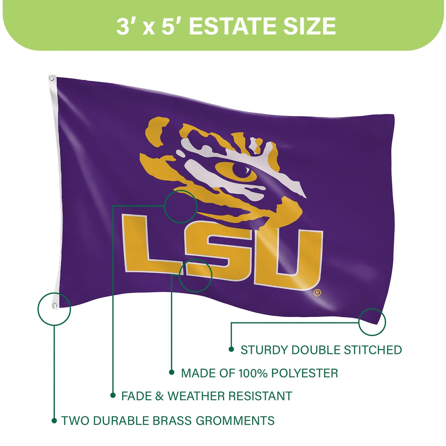 Louisiana State University Single Sided Estate Flag with 2 Grommets, 3'x5'
